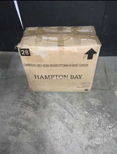 Hampton Bay Cambridge Gray Wicker Outdoor Patio Ottoman with CushionGuard Chalk White Cushions. See Pictures