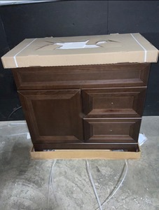 Home Decorators Collection Sedgewood 36-12 in. Configurable Bath Vanity in Dark Cognac with Solid Surface Top in Arctic with White Sink. See Pictures
