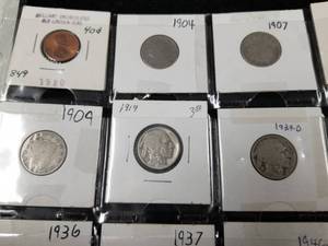 PAGE OF 20 US COINS AS PICTURED with 1857 half dime
