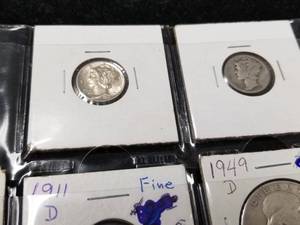 PAGE OF 14 US COINS with 2 SILVER HALVES, 2 MORGANS & UNC MERCURY 10C