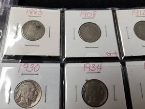 PAGE OF 17 US NICKELS 3 LIBERTY (1883 no cents) 9 BUFFALO 5 JEFFERSON (4 proofs & 1 silver unc)