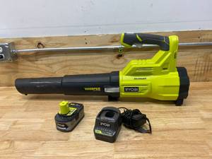 lot 67 image: RYOBI ONE 18V Brushless Whisper Series 110 MPH 410 CFM Cordless Battery Jet Fan Leaf Blower with 4.0 Ah Battery and Charger