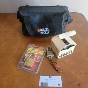 lot 18 image: Black and Decker Tools Bag, Padlocks And More