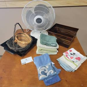 lot 22 image: Home Essentials Set-Fan, Towels, Baskets and More