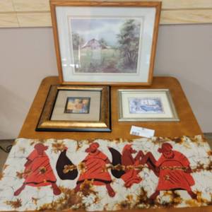lot 63 image: 3 Decorative Art Paintings, and Art Fabric