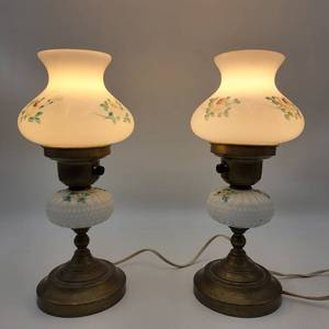 lot 11 image: Set of Vintage Milk Glass and Brass Lamps