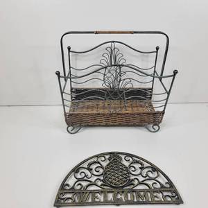 lot 30 image: Beautiful Iron and  Wicker Magazine Rack and Bronze Welcome Sign