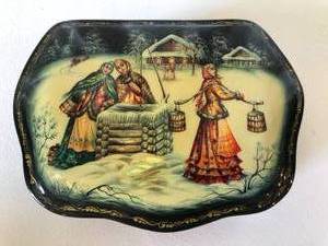 Russian Lacquer Boxes & 5 Decorative Pins & Pocket Mirror