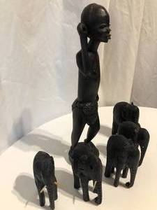 African Hand Carved Wood Boy and 5 Elephants