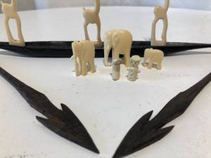 African Hand Carved Wood Boat and Animals and 2 Little People