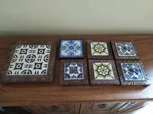Collection of Wood Framed Mexican Tile Trivets