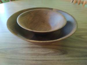 Two Walnut Serving Bowls, Woodcroftery Utensils, and Napkin Rings