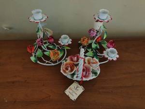 Capodimonte Floral Basket with 2 Floral Metal Candleholders