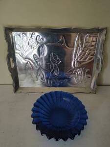 Vintage Blue Glass Bowl and Large Metal Tray