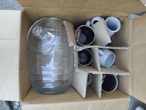 Collection of Pottery Mugs and Vintage Glass Lidded Jar