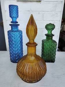 Collection of Three Vintage Colorful Glass Decanters