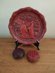 Cinnabar Plate with Two Cinnabar Trinket Boxes