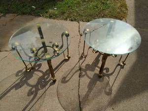 Two Glass Top Brass Or Similar Material End Tables