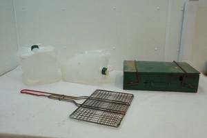 Camping water jugs, grill and cooker