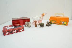 Doll and buggy, tins, figures and childrens tackle box