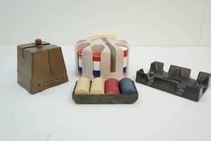 Poker chips and trays, deck holder and shuffler