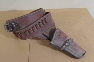 lot 77 image: Brown Leather Belt with Monogrammed Holster - Engraved Metal