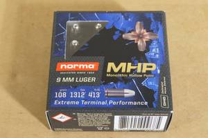 lot 96 image: 20 Norma 9mm Luger 108 Gr Monolithic HP Ammo