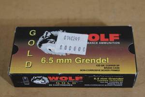 lot 157 image: 20 Wolf Gold 6.5mm Grendel 123 Gr Copper SP Brass Case Ammo