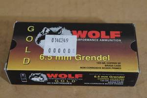 lot 158 image: 20 Wolf Gold 6.5mm Grendel 123 Gr Copper SP Brass Case Ammo