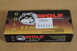 lot 159 image: 20 Wolf Gold 6.5mm Grendel 123 Gr Copper SP Brass Case Ammo
