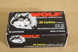 lot 170 image: 50 Wolf .30 Carbine 110 Gr FMJ Steel Case Ammo