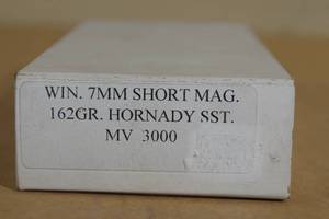 lot 186 image: 20 Custom Load 7mm Win Short Mag 162 Gr Hornady SST Ammo