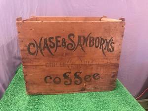 lot 16 image: Antique Chase & Sanborns Coffee Wood Shipping Box