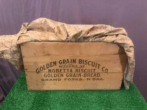 lot 24 image: Antique Grand Forks ND Golden Biscuit Co Wood Shipping Box Made into Decorative Chest