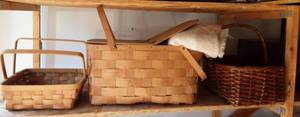 Vintage Picnic Basket With Blanket & 2-Other Wicker Baskets