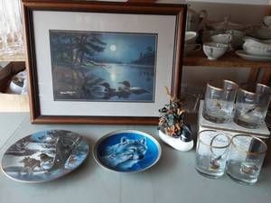 Loon Print By James Meger 22x17, Loon Decor, 2-Wildlife Plates, Set Of Game Bird Tumblers