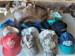 Vintage Leather Duffel & Lot Of Caps