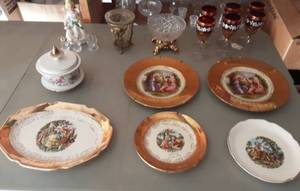 Lot Of Victorian Dishes, 6-Red Glass With Gold Rim Goblets