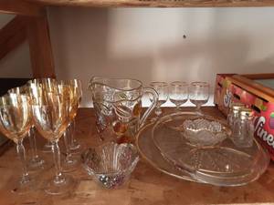 Large Pitcher, Set Of 6-Goblets, Assorted Gold Rim Dishes