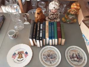 Vintage Statues, Royal Haeger Cocker Spaniel, Patriotic Dishes, Waterford Crystal Candle Base, Hard Cover Books