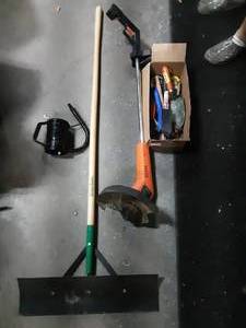 Electric Yard Trimmer, Union Tools Barn Scraper & Box Of Misc Tools