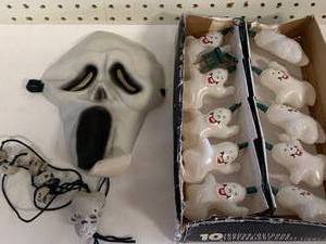 Vintage Halloween Mask, Necklace & Lights