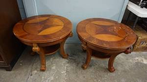lot 3 image: Two Round Wooden Tables W A Shelf