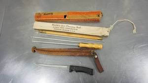 lot 46 image: Marbles (The Rod W The Jagged Slotted Tip) for Cleaning Guns--Marbles Gun Cleaning Rod--Knife W Leather Carrying Case