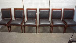 lot 79 image: Six Brown Wooden Chairs With Black Vinyl Seats & Backs