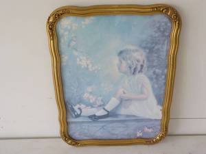 Vintage Framed Girl and Bird Pictur...