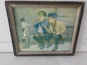 Vintage Framed 2 Boys and Dog Pictu...