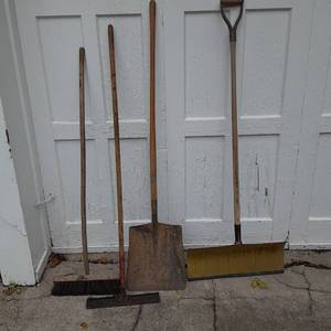 lot 126 image: (2) Vintage Shovels, Floor brush an...