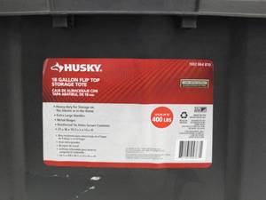 lot 839 image: Husky 18 Gallon Flip Top Tool Storage Bin - 26 in x 18 in x 12 in