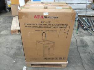 lot 712 image: AFA Stainless 25 x 22 Stainless Steel Utility Laundry Sink with Cabinet & Faucet